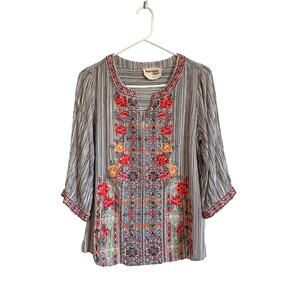 Savanna Jane 3/4 sleeve embroidered striped top lightweight tunic bohemian Large